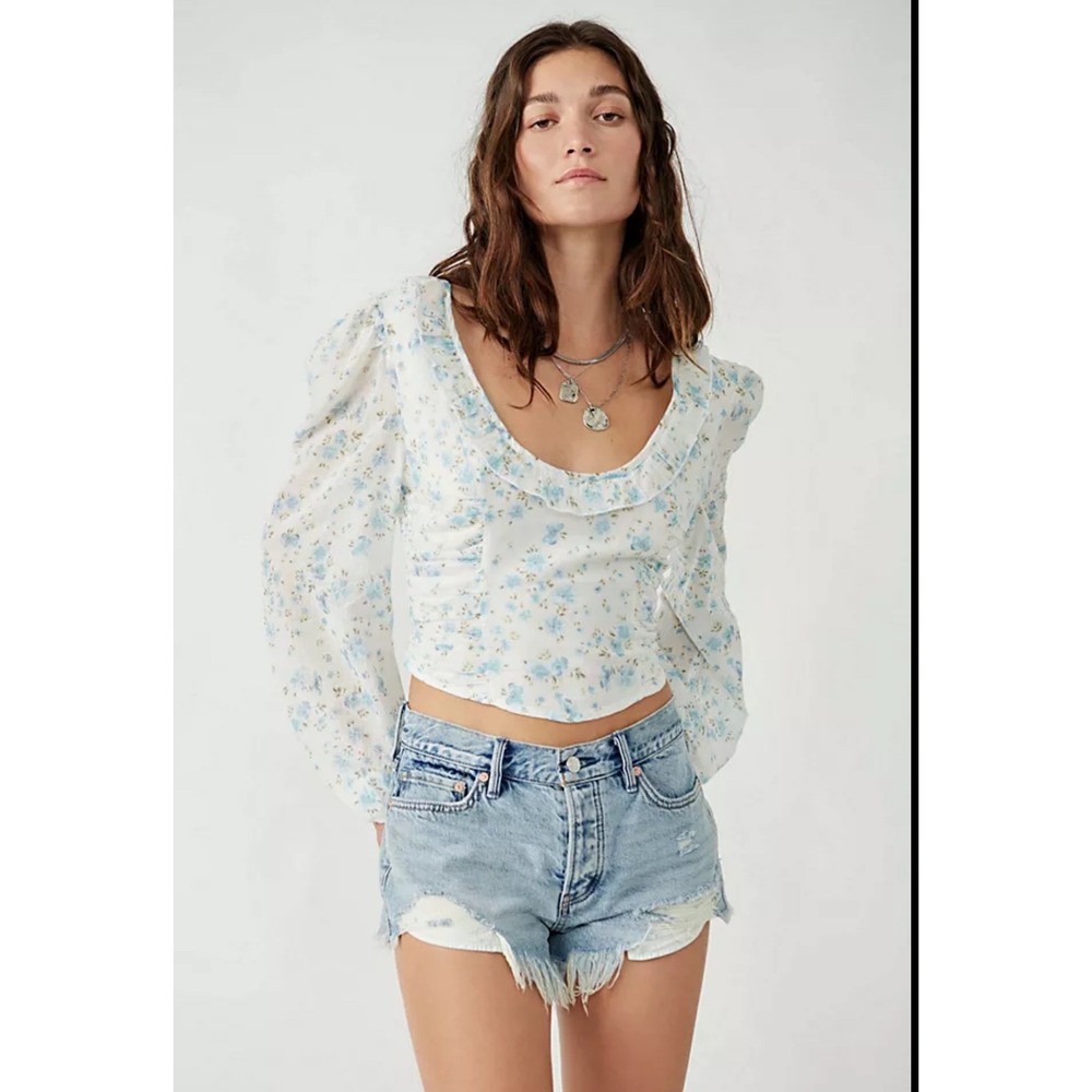 Free People Floral Crop Top Blouse Ruffle Trim Long Sleeve Sheer Boho Women's‎